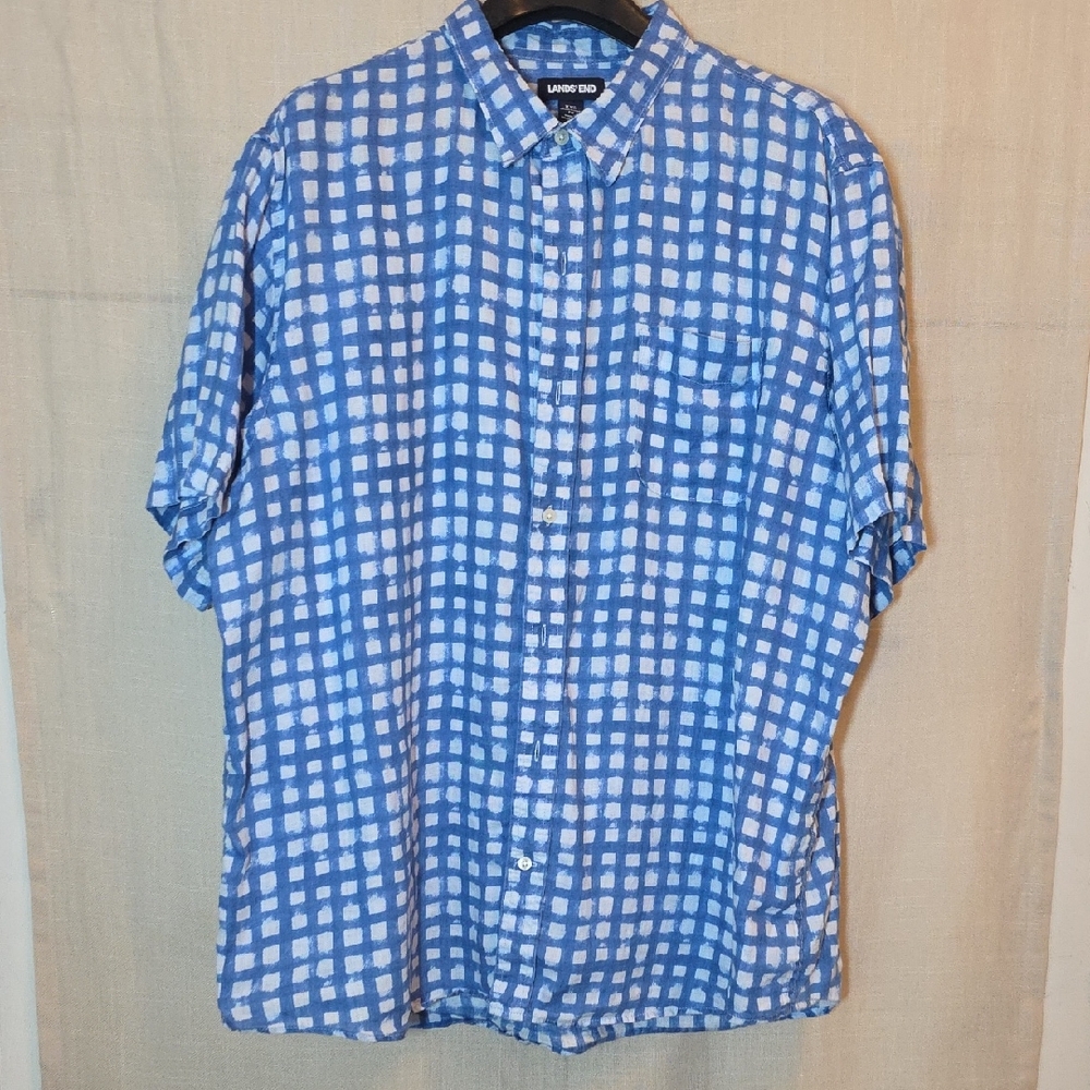 Lands' End Blue and White Grid Men's Shirt